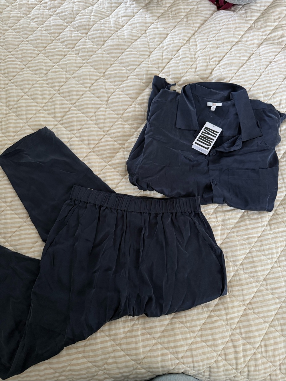 lunya Navy Silk Button-Up Pajama Set